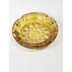 Anchor Ashtray Amber Glass Flower Design 6" Heavy Mid Century 70s Vintage